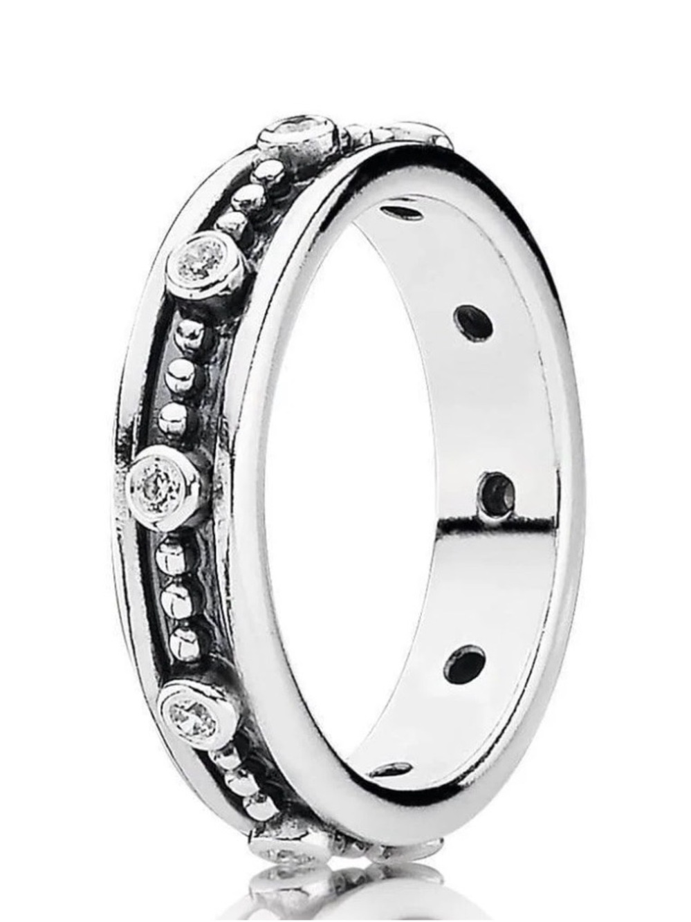 Pandora Silver Beaded Band Ring with Clear Stones